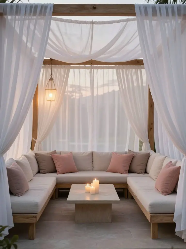 Design a softly draped pergola lounge with sheer white curtains framing a sectional sofa.