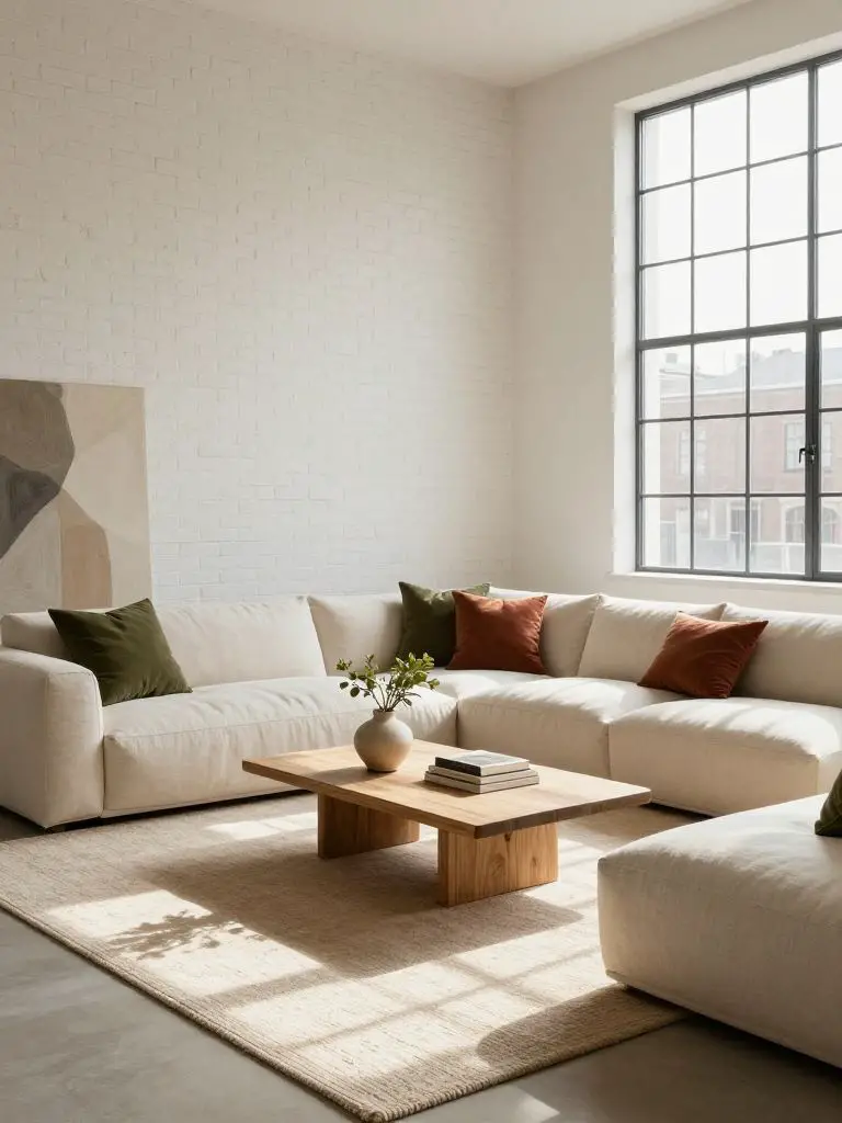 A spacious warm minimalist loft living room featuring a sculptural modular sectional sofa arranged across a large open area.