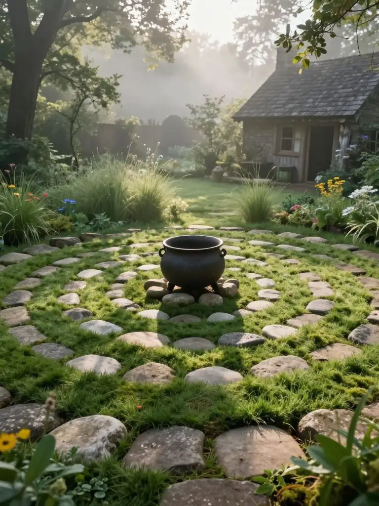 Design a spiral herb labyrinth in a witchy backyard inspired by cottagecore woodland aesthetics.
