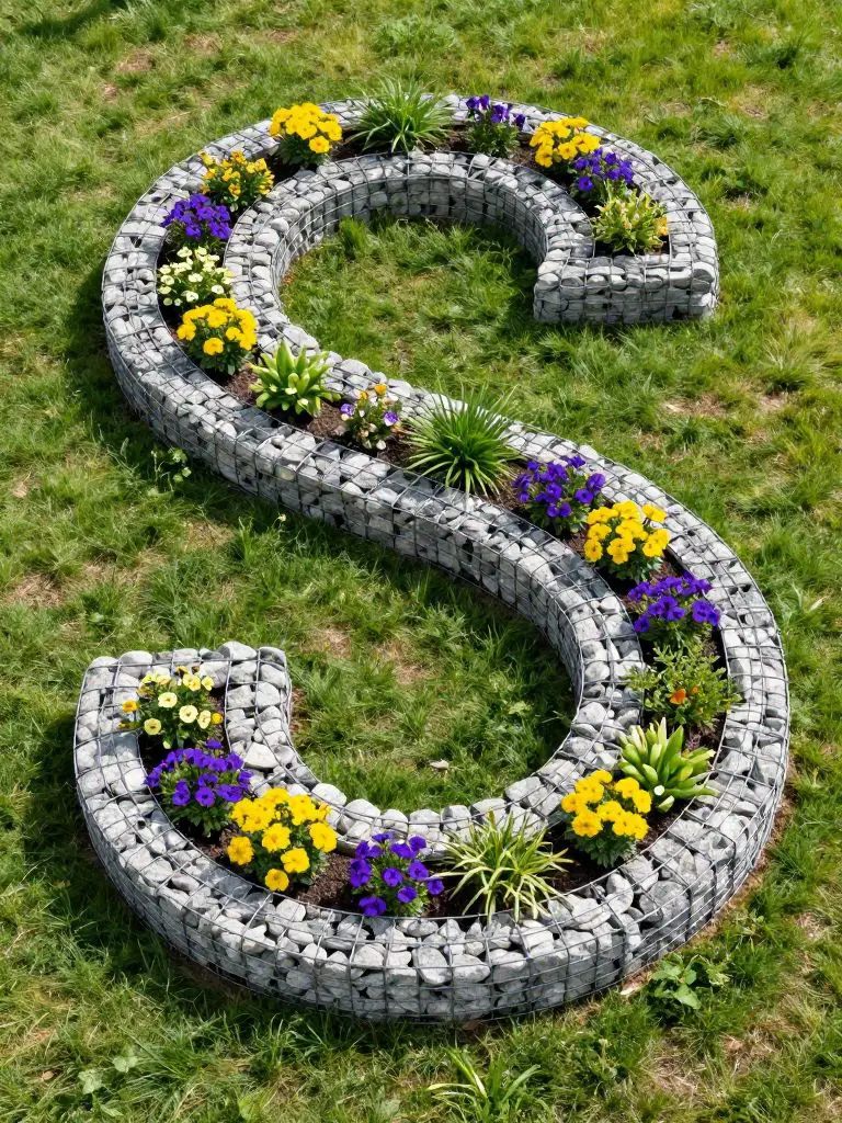 Design a spiral stone raised bed fairy garden layout viewed from above.