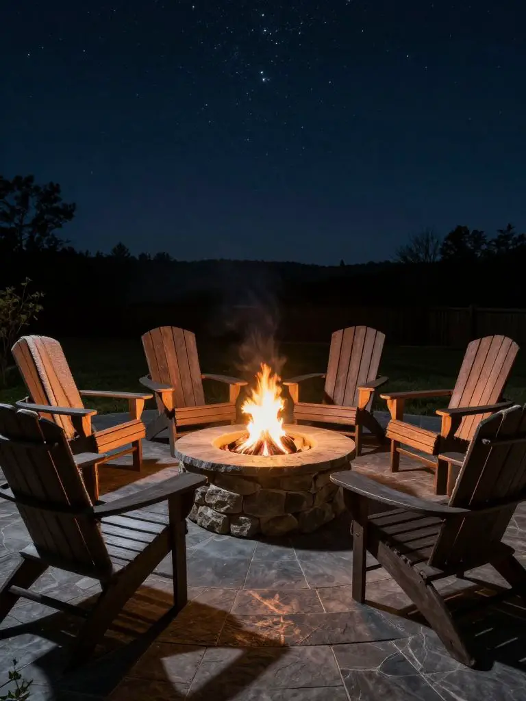 Design a circular backyard fire pit seating arrangement under a clear starry sky.