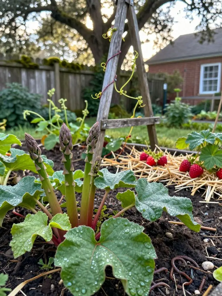 A lush backyard garden in early morning light, featuring a close-up view of perennial fruits and vegetables such as mature asparagus, leafy.