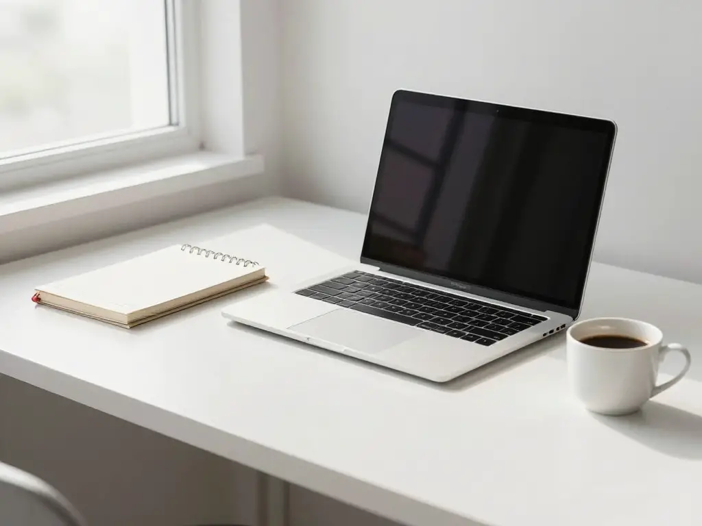 Clean minimalist desk workspace with laptop open, single notebook, coffee cup, bright morning light through window, organized and focused