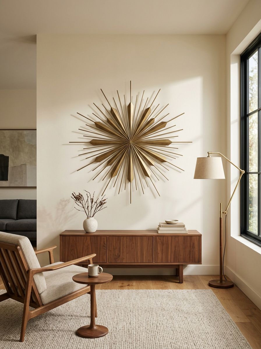 A mid-century modern minimalist living room featuring a striking starburst wall decor as the focal point.