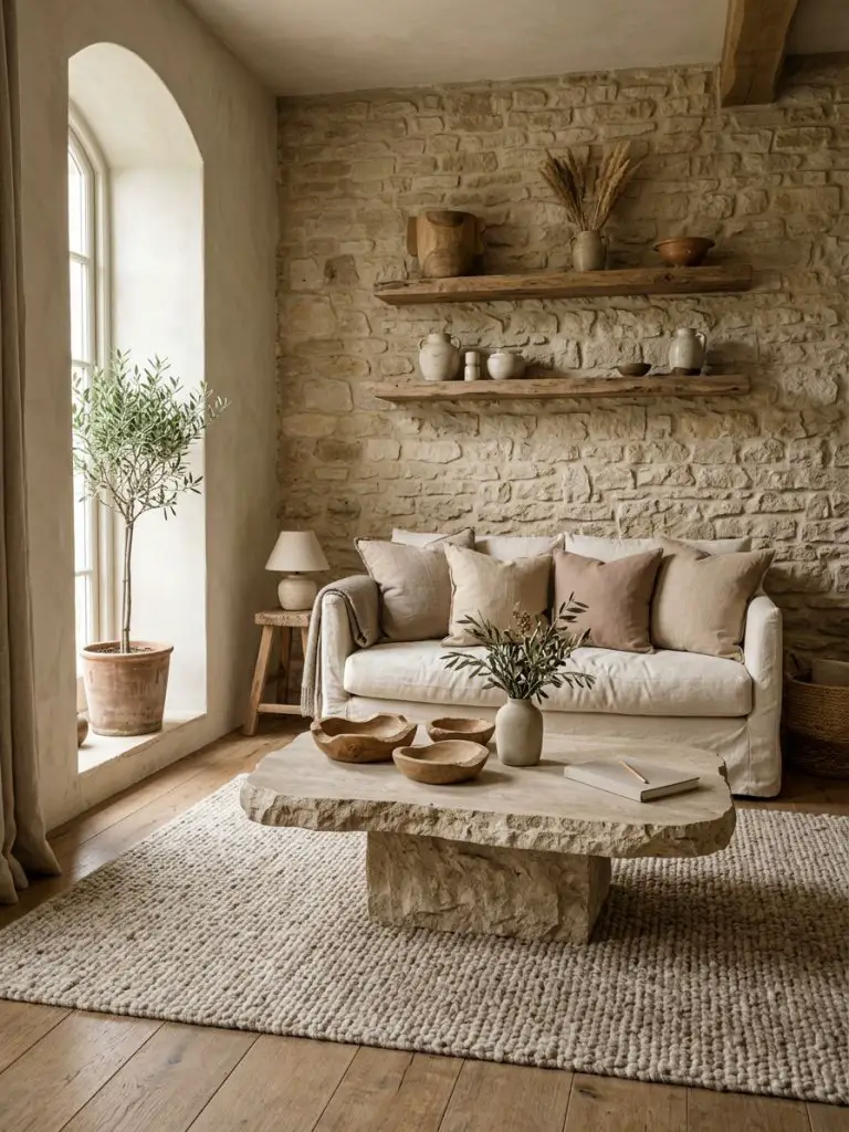 A cozy natural minimalist living room featuring a sculptural stone coffee table as the central focal point, styled in a warm minimalist and.