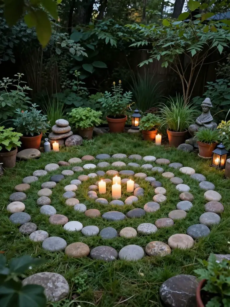 Create a stone spiral ritual garden in a witchy backyard surrounded by dense greenery.