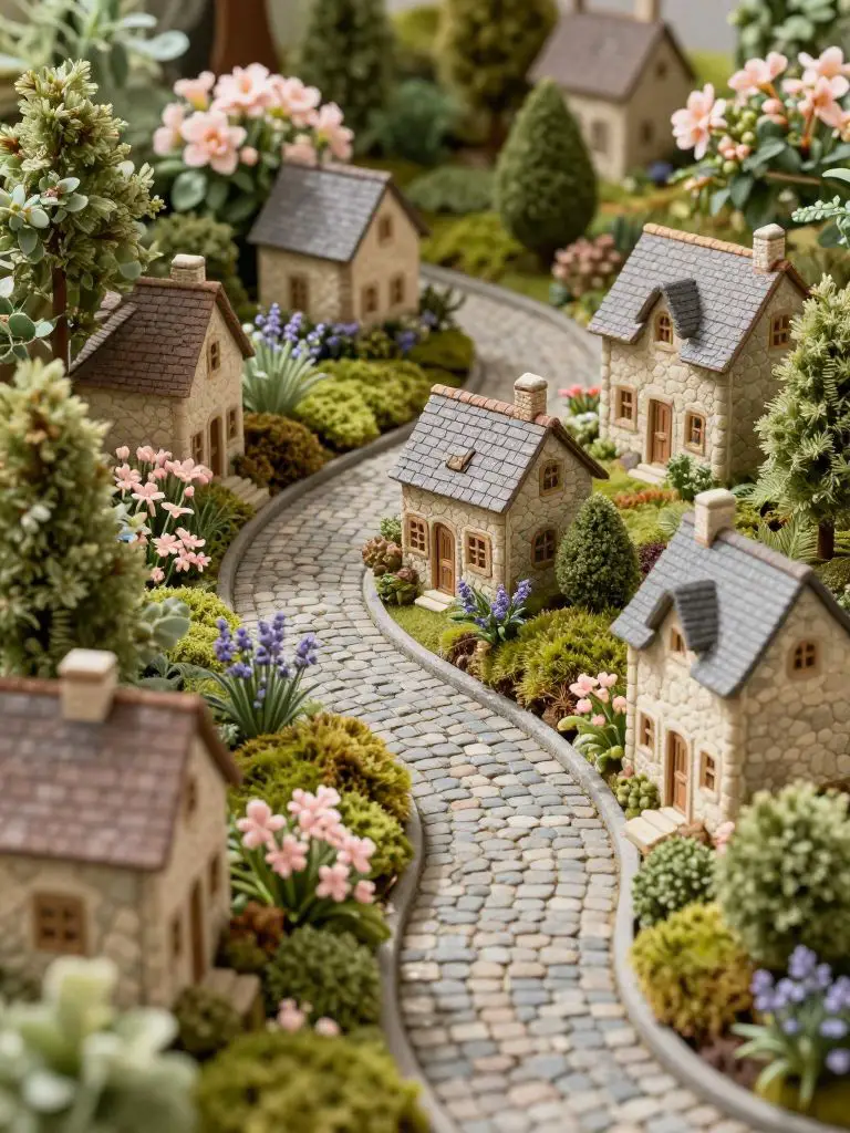 Create a miniature fairy village arranged inside a round planter with cobblestone pathways weaving between small cottages.