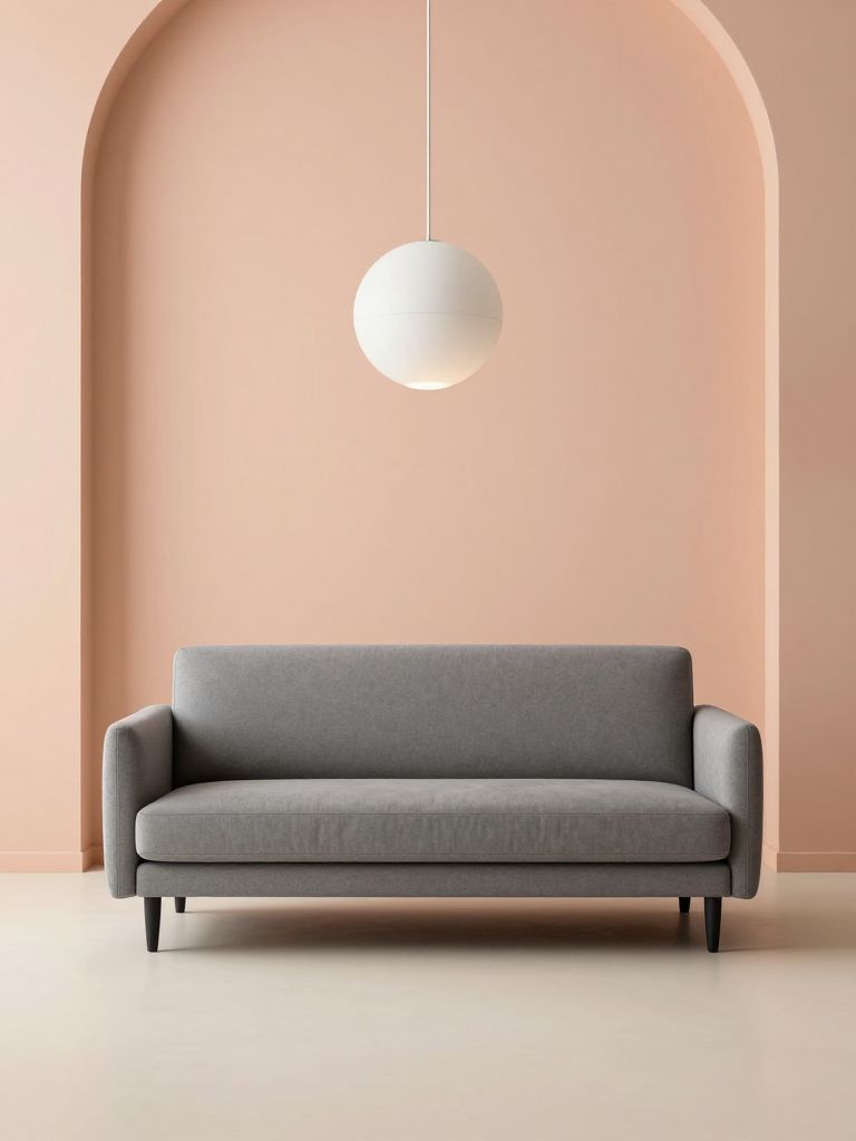 A modern minimalist studio-style scene featuring a compact gray sofa placed centrally against a smooth pastel peach wall backdrop.