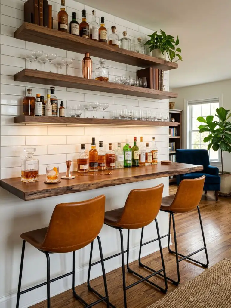 A stylish bonus room home bar featuring floating wood shelves, white tile backsplash, and leather bar stools.