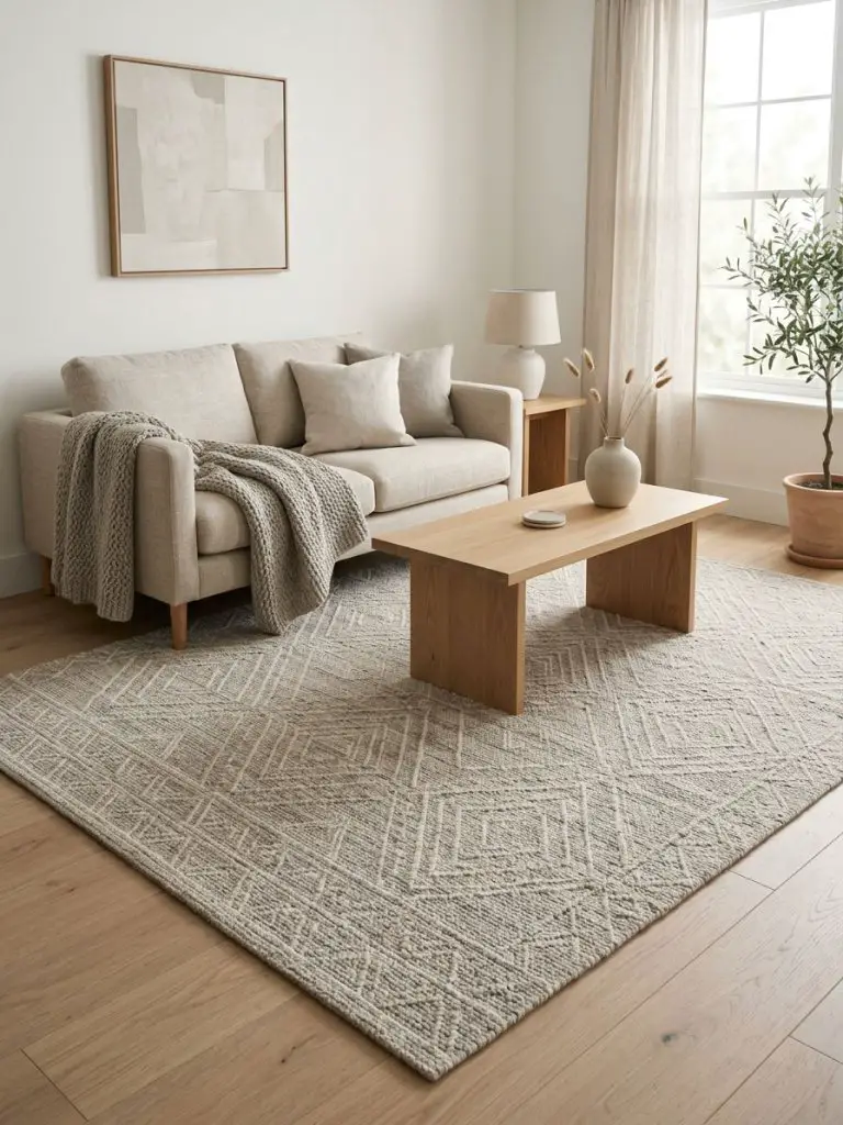 A minimalist living room featuring a rug with a subtle geometric pattern that becomes the visual centerpiece of the space.