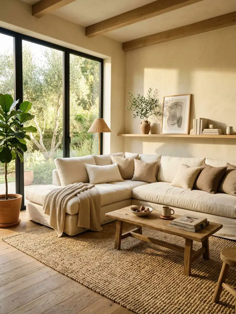 A sun-filled warm minimalist living room designed with modern rustic simplicity.