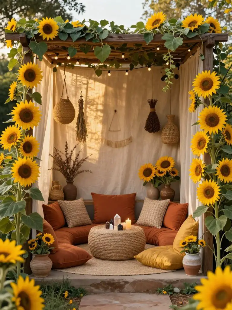 Design a sunflower spell nook in a witchy backyard with harvest-inspired bohemian styling.