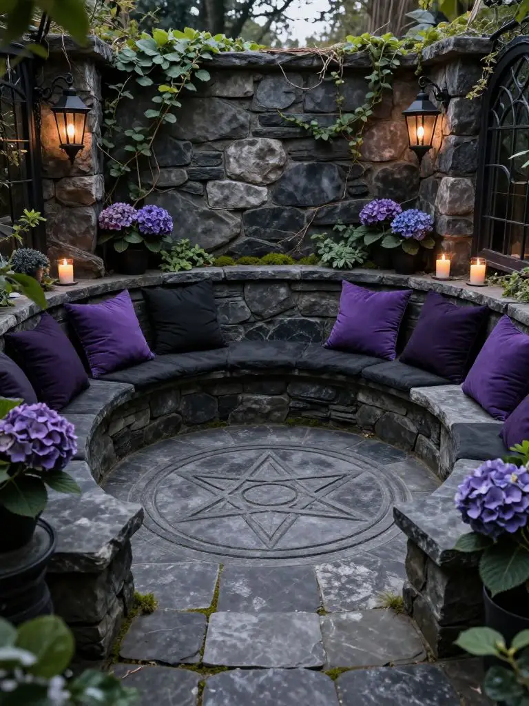 Create a sunken stone seating area in a witchy backyard with gothic garden styling.