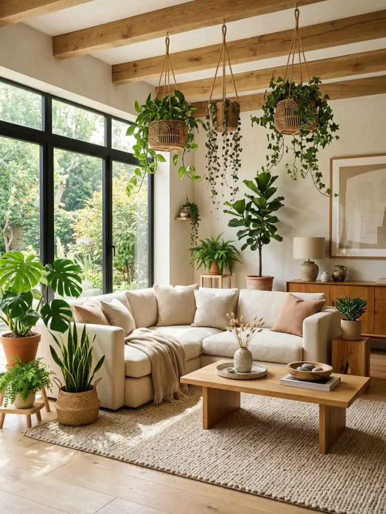 A bright natural minimalist living room filled with lush greenery and warm organic materials.