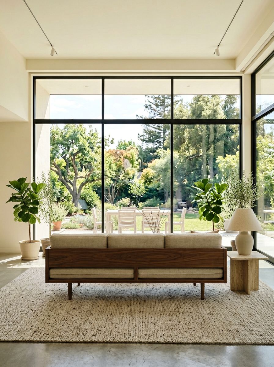 A bright mid-century modern minimalist living room illuminated by large floor-to-ceiling windows.