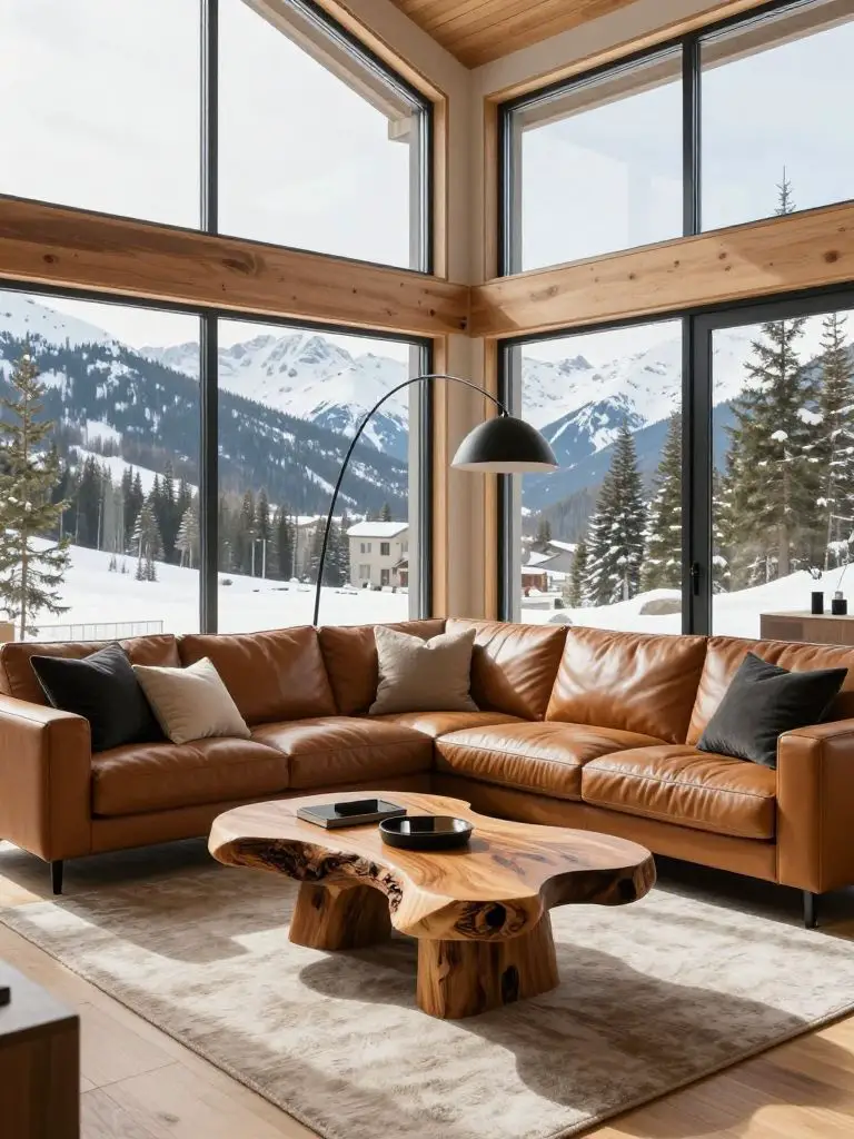 A bright modern mountain living room featuring floor-to-ceiling windows that frame breathtaking snow-covered mountains and pine forests beyo.