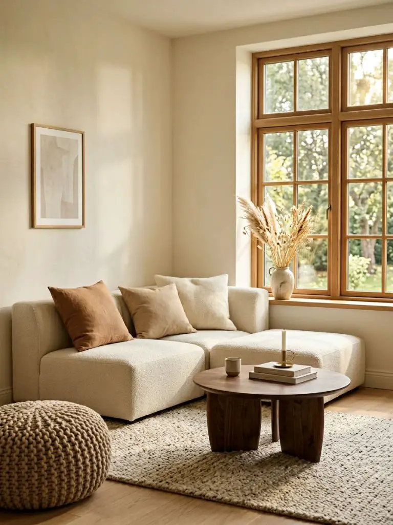 A warm minimalist living room corner filled with soft natural light and earthy neutral textures.