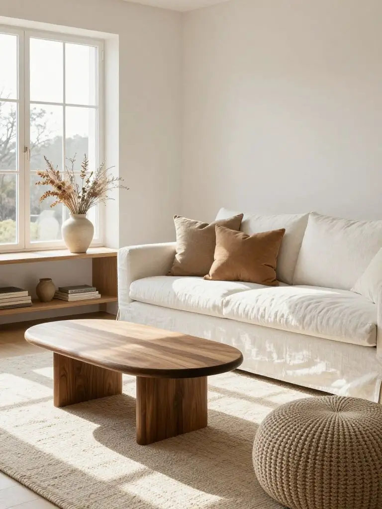 A bright warm minimalist living room blending Scandinavian simplicity with organic modern elements.
