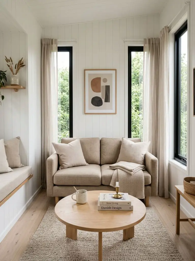 A compact tiny home living room designed in Scandinavian warm minimalist style, featuring white vertical shiplap walls, pale oak plank floor.