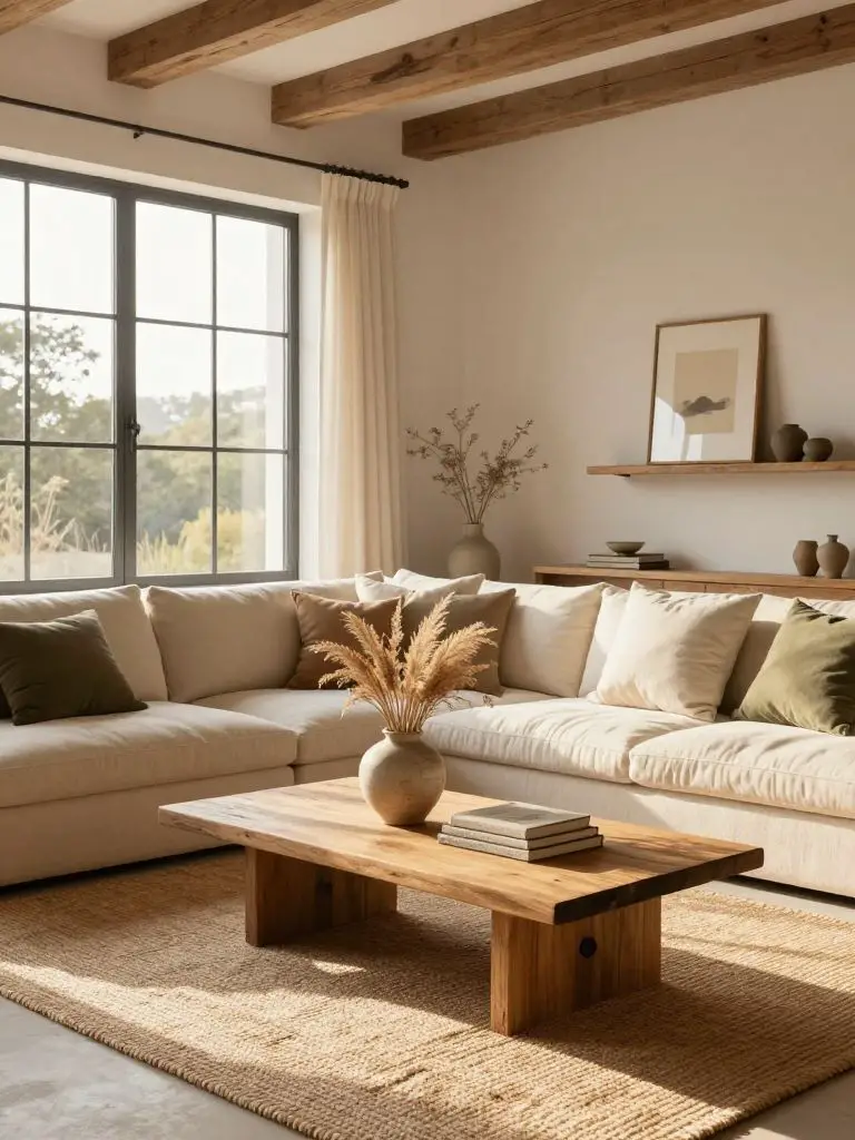 A sunlit organic warm minimalist living room designed with a blend of Japandi and Modern Rustic aesthetics.