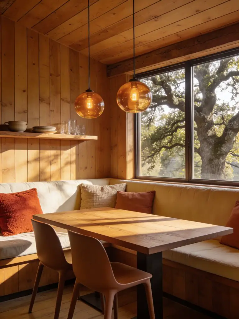 A cozy rustic modern cabin breakfast nook tucked beside a large window, designed with warm honey-toned pine wall paneling and ceiling boards.