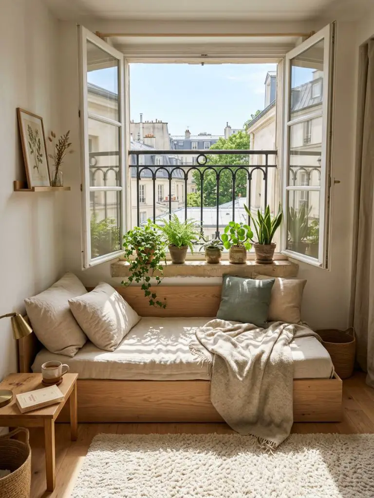 A sunlit small bedroom with balcony window transformed into a relaxing indoor lounge corner.