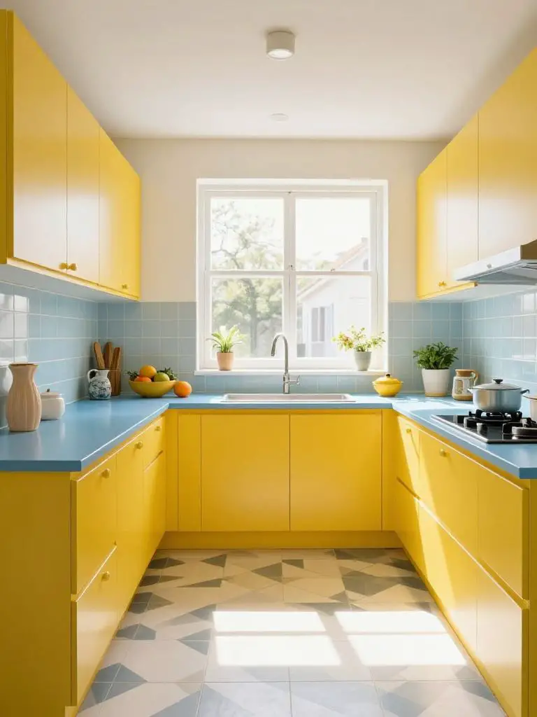 A sunny modern colorful kitchen combining bright yellow cabinetry with sky blue countertops in a fresh contemporary style.