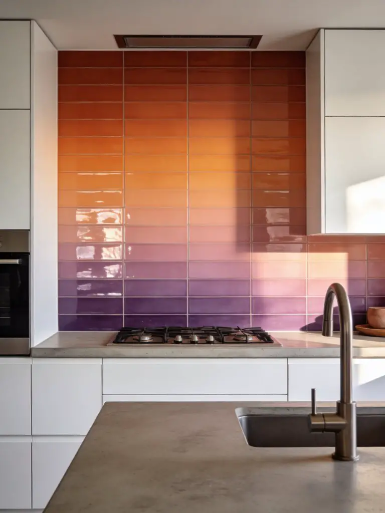 A sleek modern kitchen featuring a sunset ombre backsplash composed of glossy rectangular tiles transitioning from burnt orange to dusty ros.
