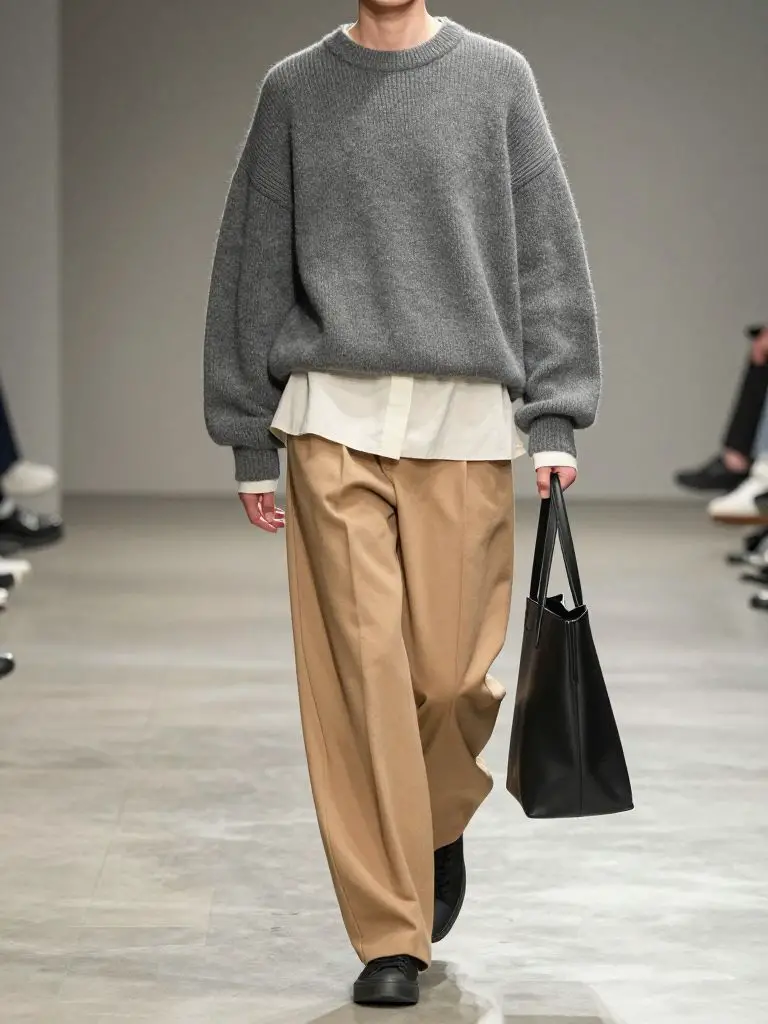 A contemporary runway scene representing sustainable fashion outfit ideas interpreted through minimalist high-fashion styling.