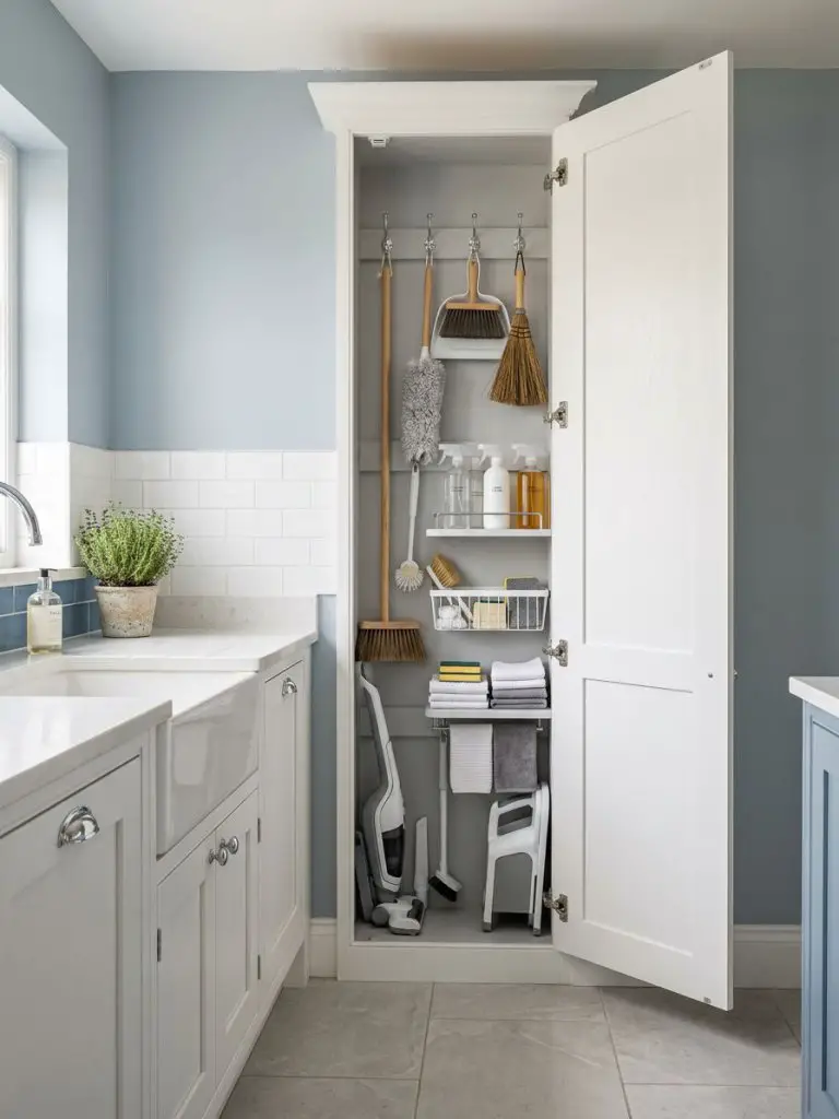 A tall utility cabinet designed for cleaning supplies in a classic coastal-inspired kitchen.
