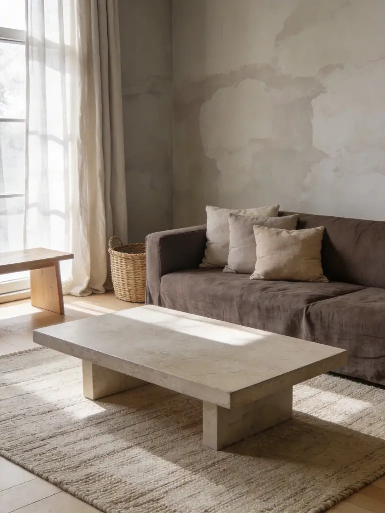 Layered neutral living room designed in warm minimalist style using a taupe and linen color palette.