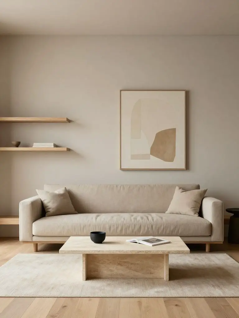 A refined taupe minimalist living room with clean architectural geometry and soft neutral layers.