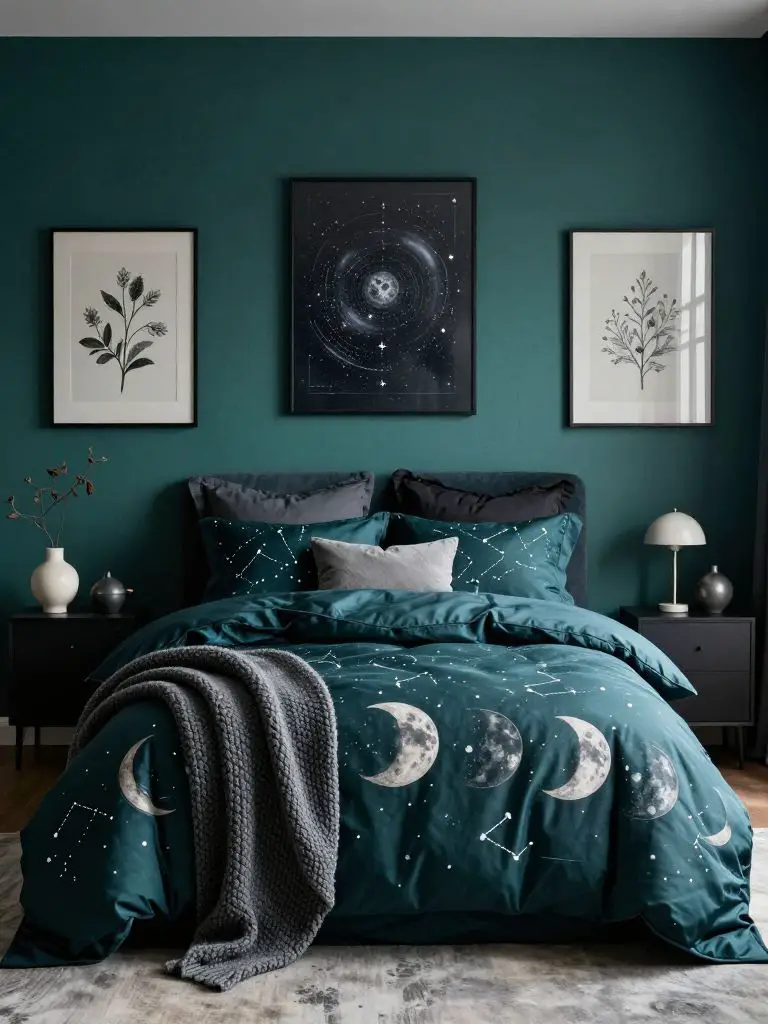 A moody celestial witch bedroom styled in a modern witchcore aesthetic with rich teal tones and layered cosmic elements.