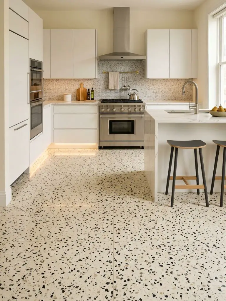 A refined modern kitchen showcasing terrazzo tile flooring with a creamy base and scattered chips in charcoal, sand, and warm gray tones.