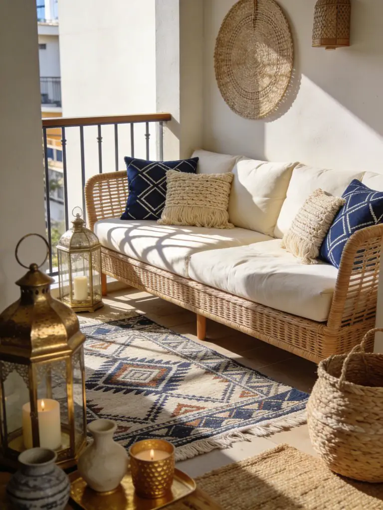 A cozy textured boho small balcony design for apartments showcasing layered woven materials and relaxed styling.