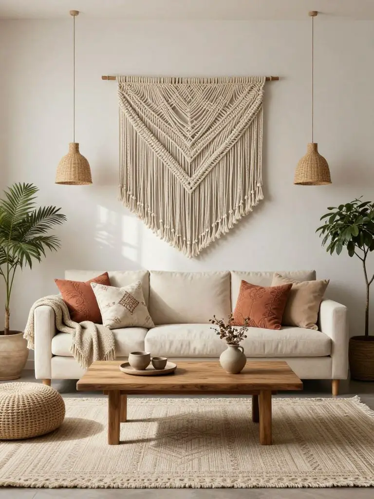A textured boho minimalist living room styled around a large statement macrame wall hanging that becomes the focal point above a soft cream.