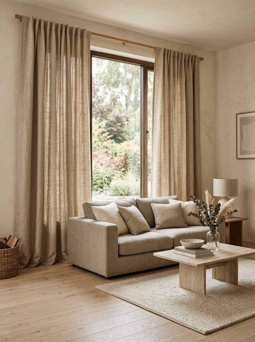 A warm minimalist living room showcasing textured linen blend curtains as the hero design feature.