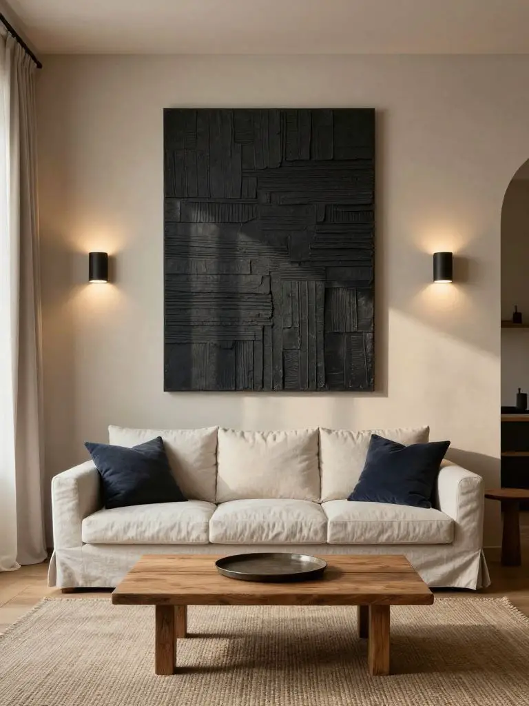 A cozy minimalist living room highlighting textured wall panel art above a neutral sofa.