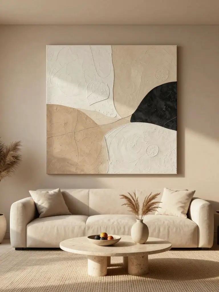 A serene warm minimalist living room styled around textured neutral minimalist wall art that emphasizes organic materials and soft tonal lay.