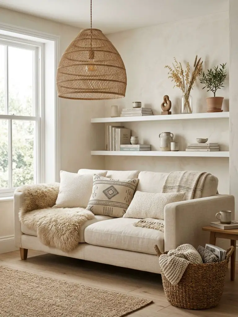 A warm minimalist living room styled with Scandinavian texture and modern rustic charm.