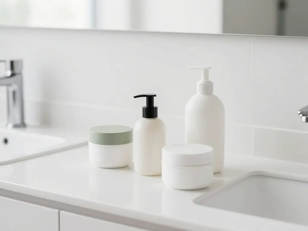 Clean and organized minimalist bathroom counter with minimal toiletries in simple containers, everything in its place, bright natural