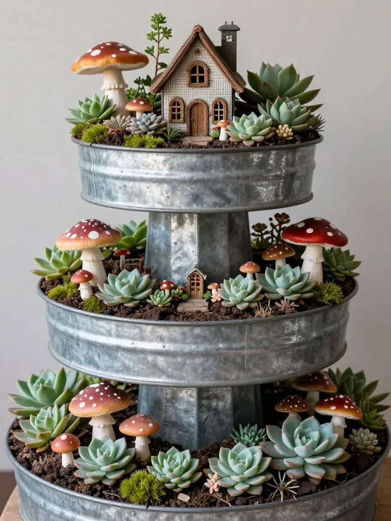 Create a dramatic three-tier galvanized metal container fairy garden stacked vertically.