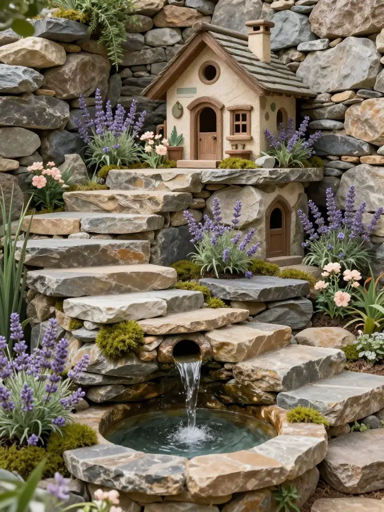 Design a tiered fairy home built into stacked stone with cascading steps and a tiny water fountain at the base.