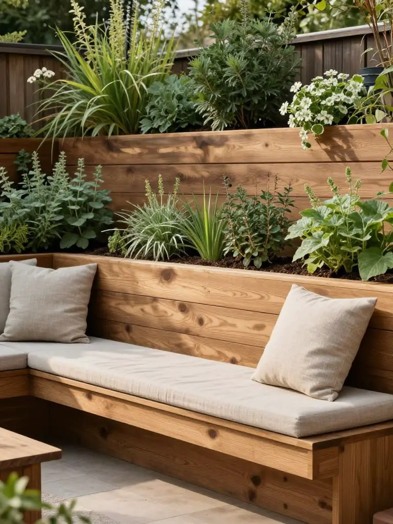 A layered backyard patio in modern rustic style featuring a tiered wooden planter wall with built-in bench seating as the focal point.