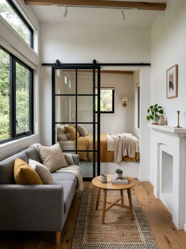A stylish tiny home living room with a sliding partition bedroom designed in modern minimalist style featuring white plaster walls, warm oak.
