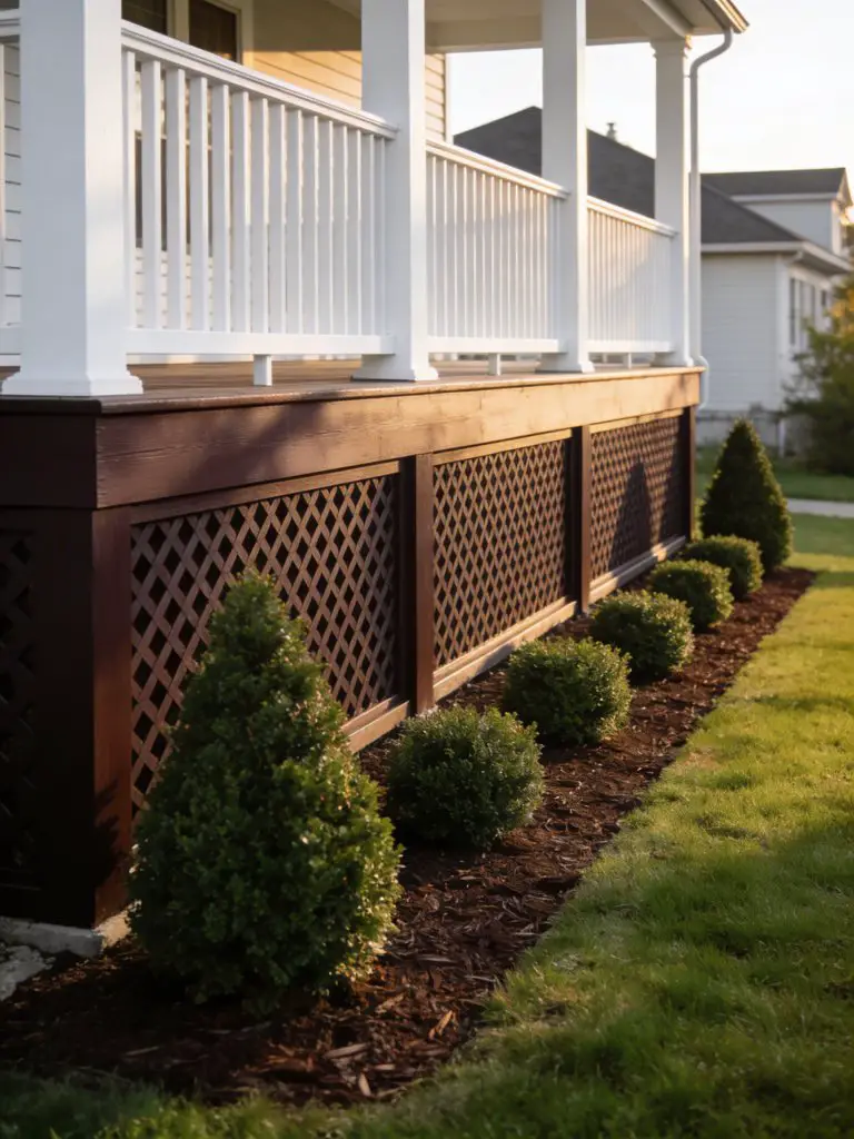 A traditional raised deck with dark lattice skirting and classic landscaping in a suburban backyard.