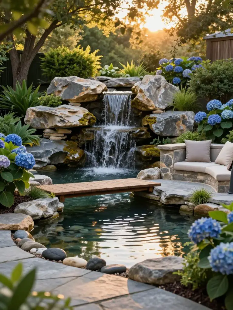 Create a serene dream backyard featuring a cascading multi-tier stone waterfall flowing into a reflective pond.