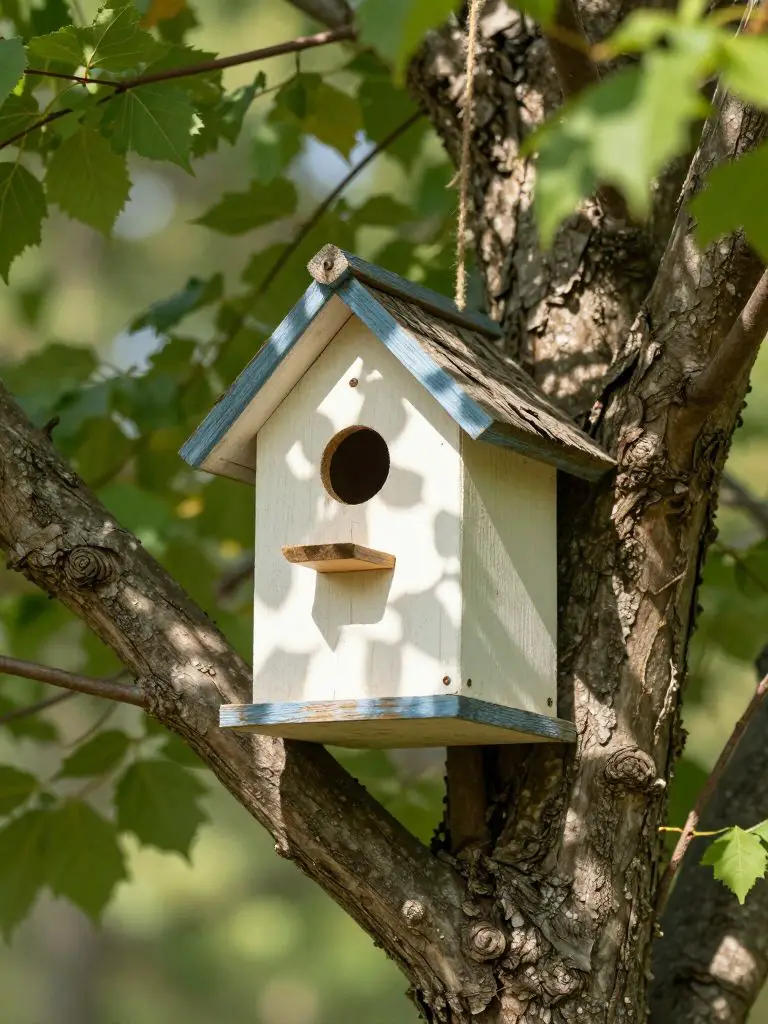 Create a fairy-inspired birdhouse scene mounted within tree branches, blending rustic woodland and miniature cottage design.