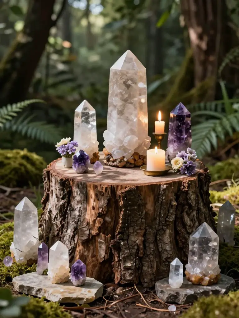 Design a rustic tree stump crystal altar in a witchy backyard woodland setting.