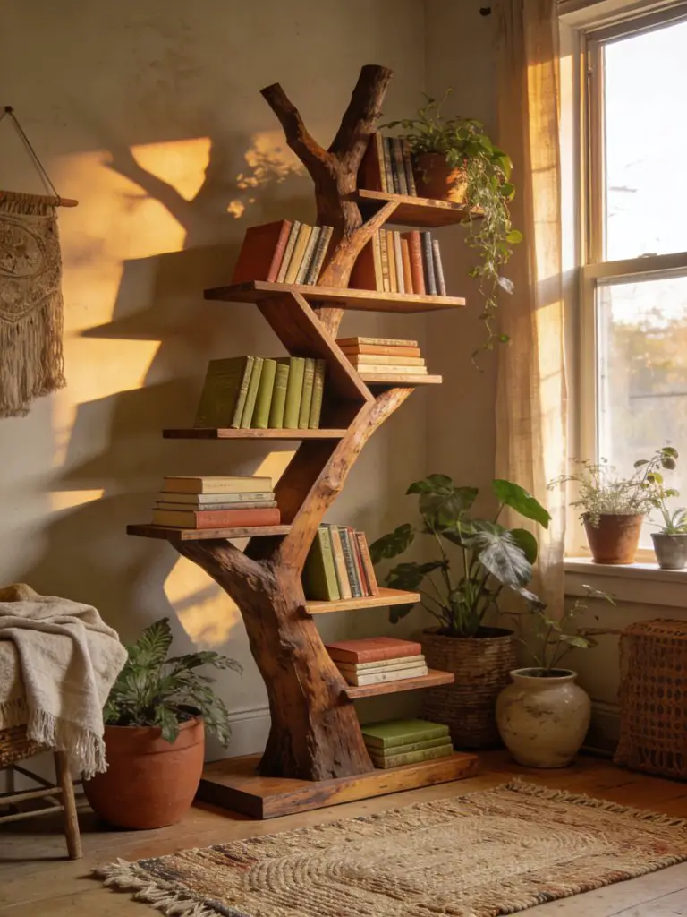 A unique tree-style bookshelf in a bohemian-inspired living space.